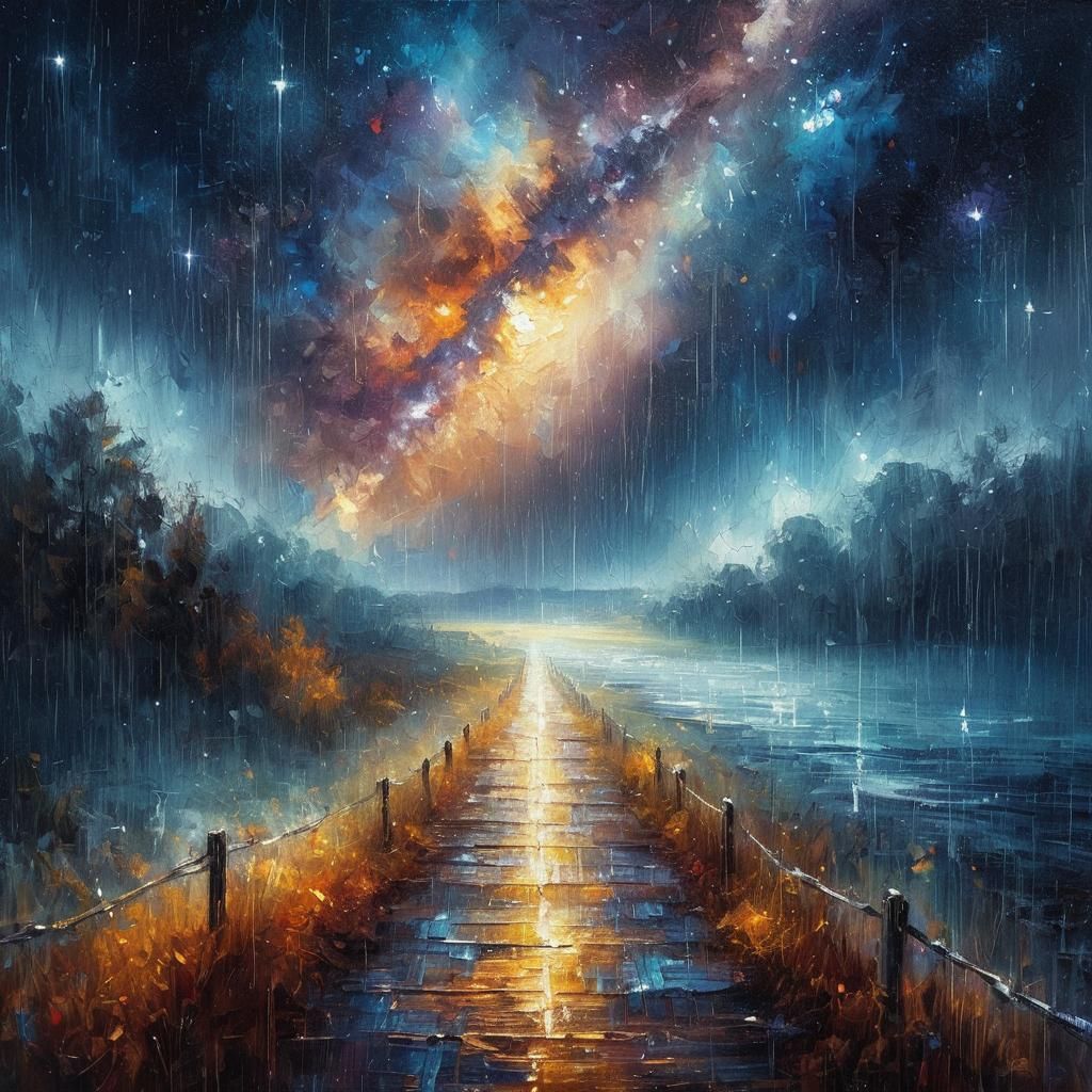 Shimmering Path Under Starry Sky: Expressionist Oil Painting
