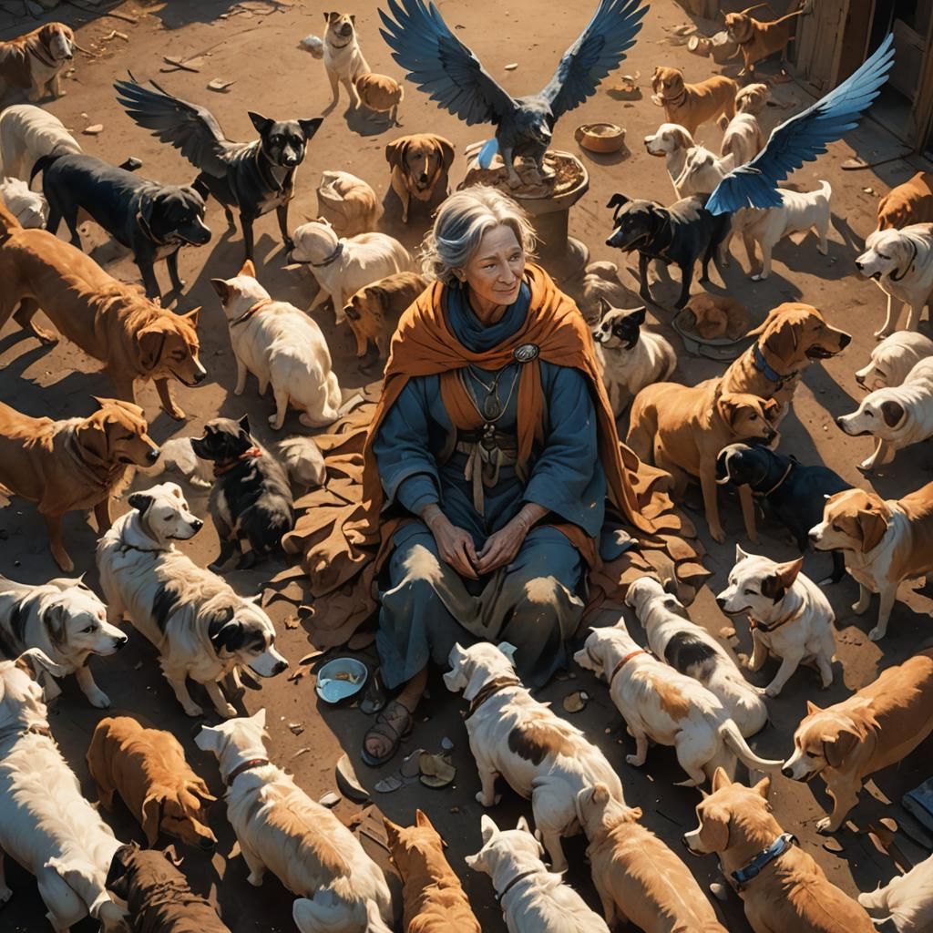Fantasy Art: Woman with Wings Surrounded by Animals
