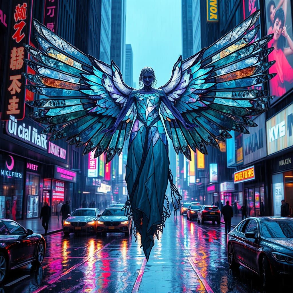 Angel Descends on Neon Cyberpunk City