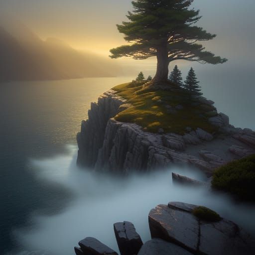 Ethereal Pine Tree Landscape in Soft, Warm Colors