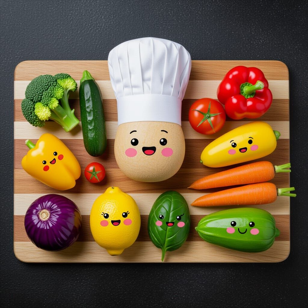 Smiling Fruits and Vegetables on Cutting Board