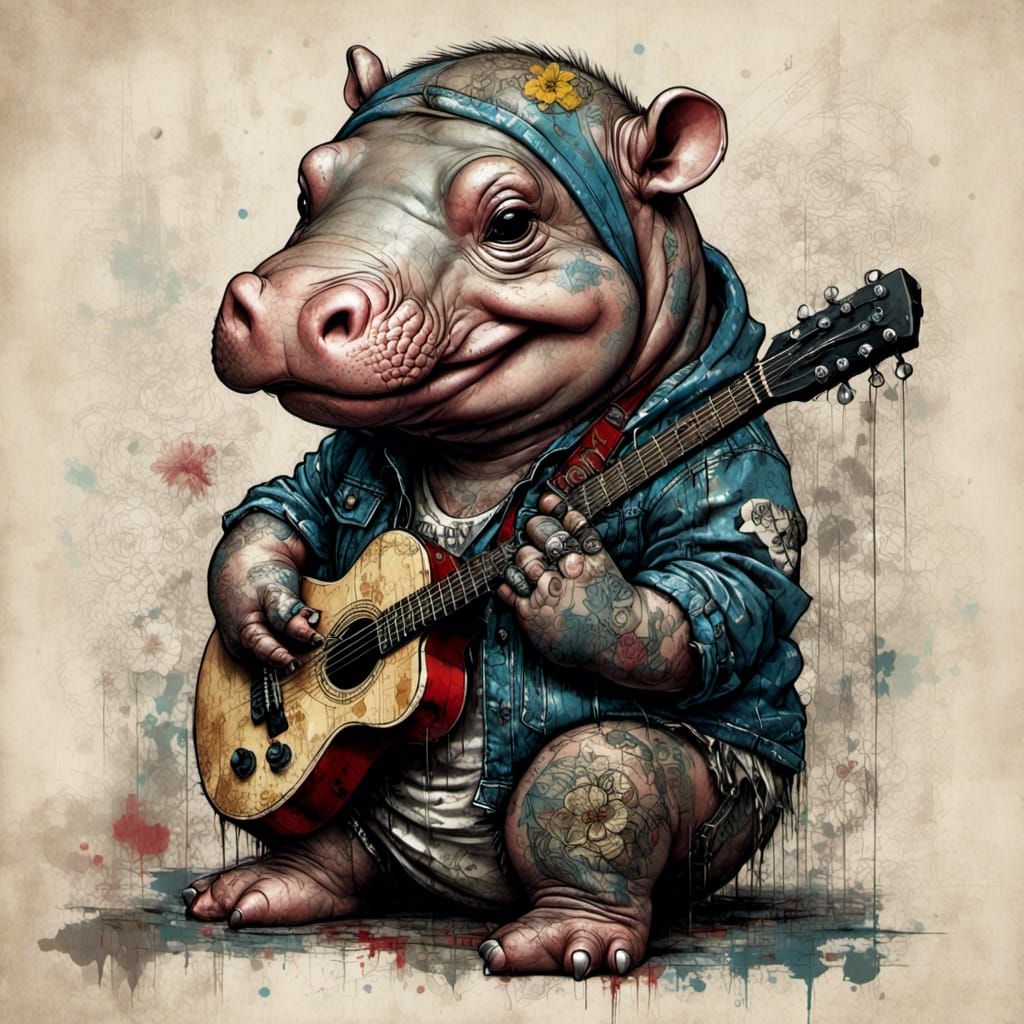 Chibi Hippo in Grunge Style with Guitar