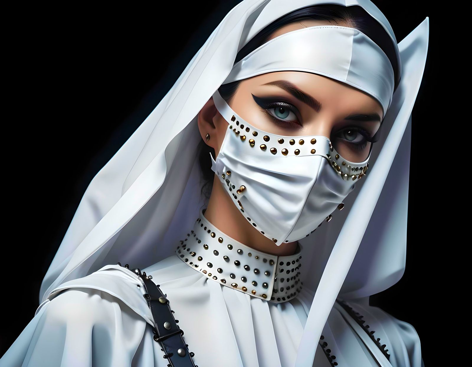 Gothic Rivet Mask on Satin, Cinematic Film Still