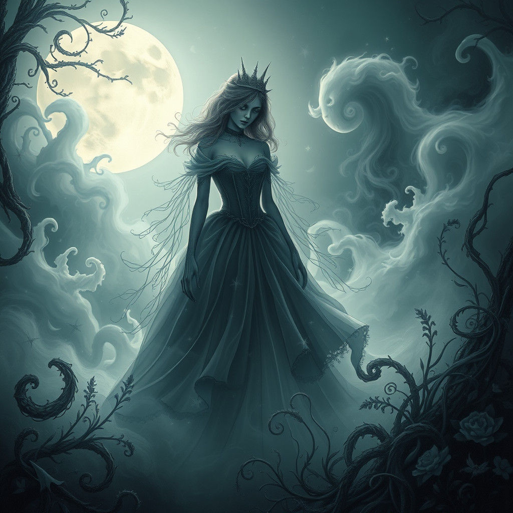 Sinister Cinderella in Ethereal Fantasy Landscape