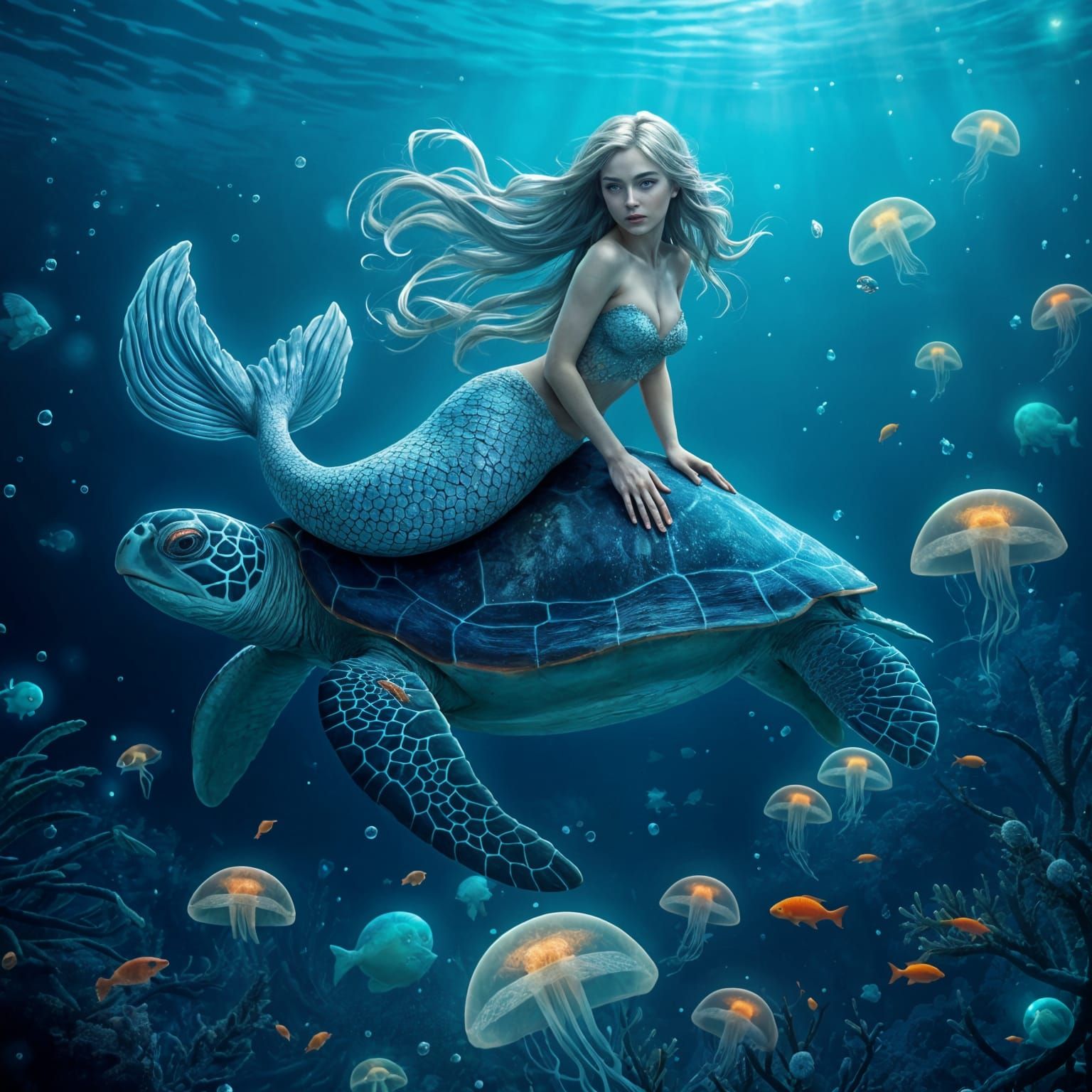 Majestic Mermaid Rides Ancient Sea Turtle in Enchanted Ocean...