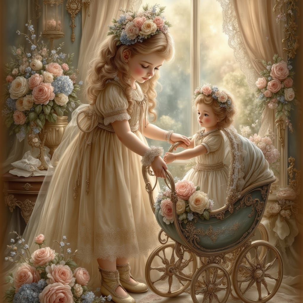 Victorian Little Girl with Her Doll Stroller