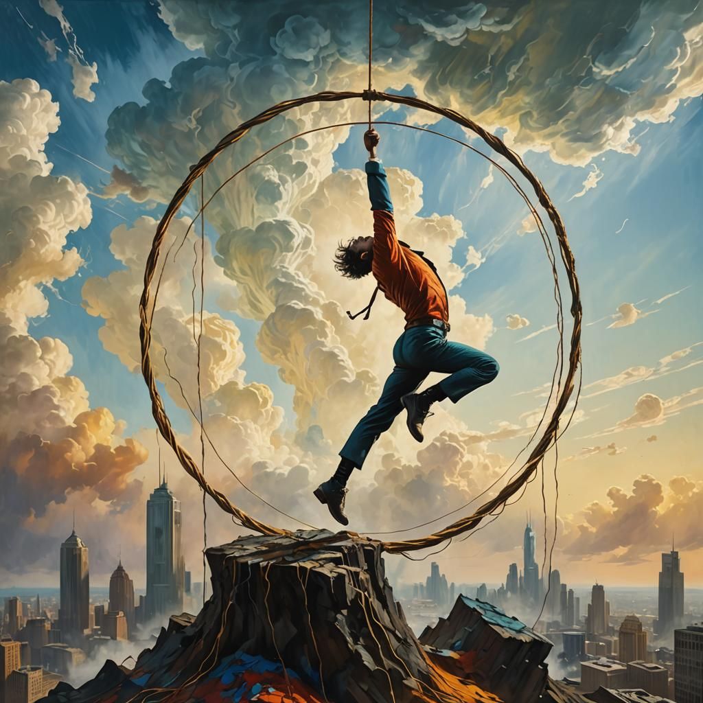 Surreal Equilibrist on Tightrope in Impasto Style