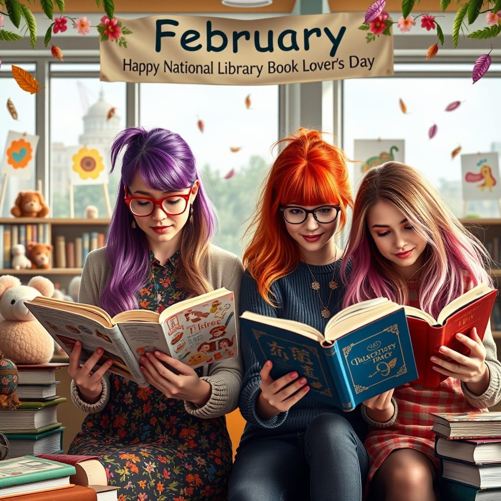 Youthful Women Reading in a Vibrant Library