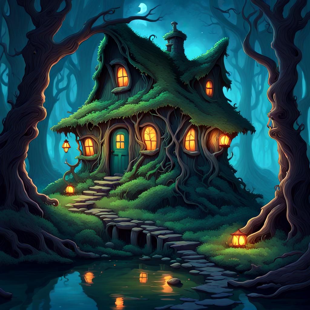Mystical Witch Cottage in Dark Fantasy Forest