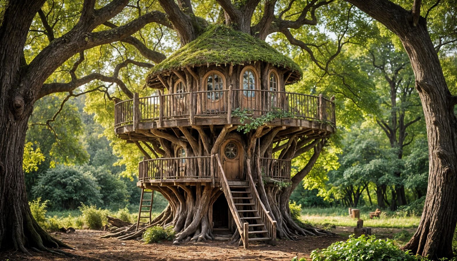 Rustic Round Elven Treehouse in Old Oak Tree