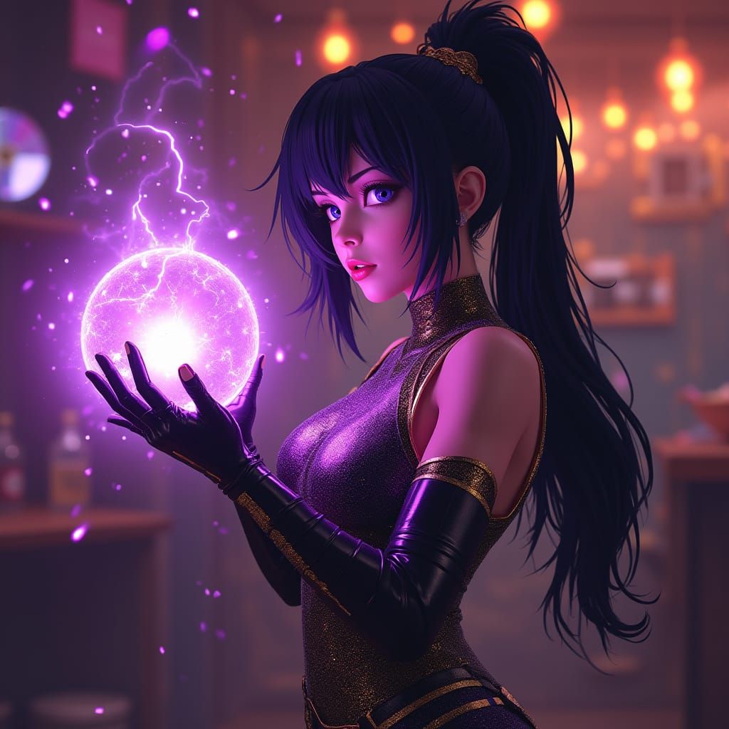 Futuristic Warrior Sorceress in Synthwave Tavern, Anime Styl...