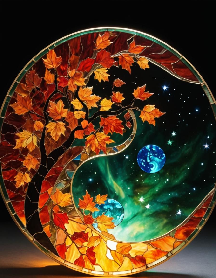 Stained Glass Yin-Yang Tree in Cosmic Art Style