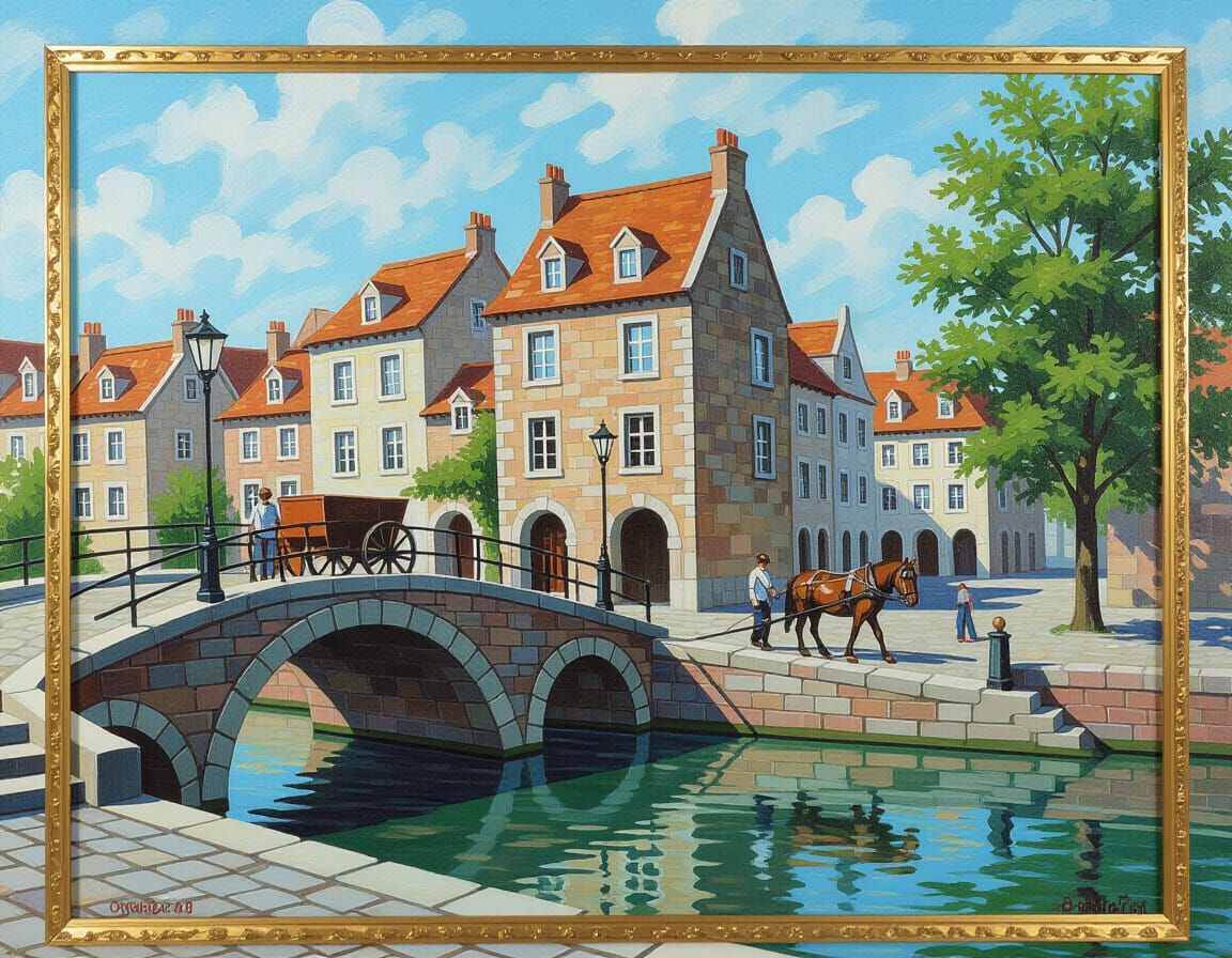 Serene Waterside Scene with Stone Bridge and Historic Buildi...