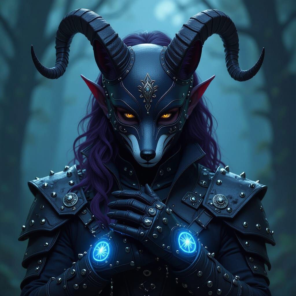 Dark Tiefling in Leather Fox Mask with Glowing Runes