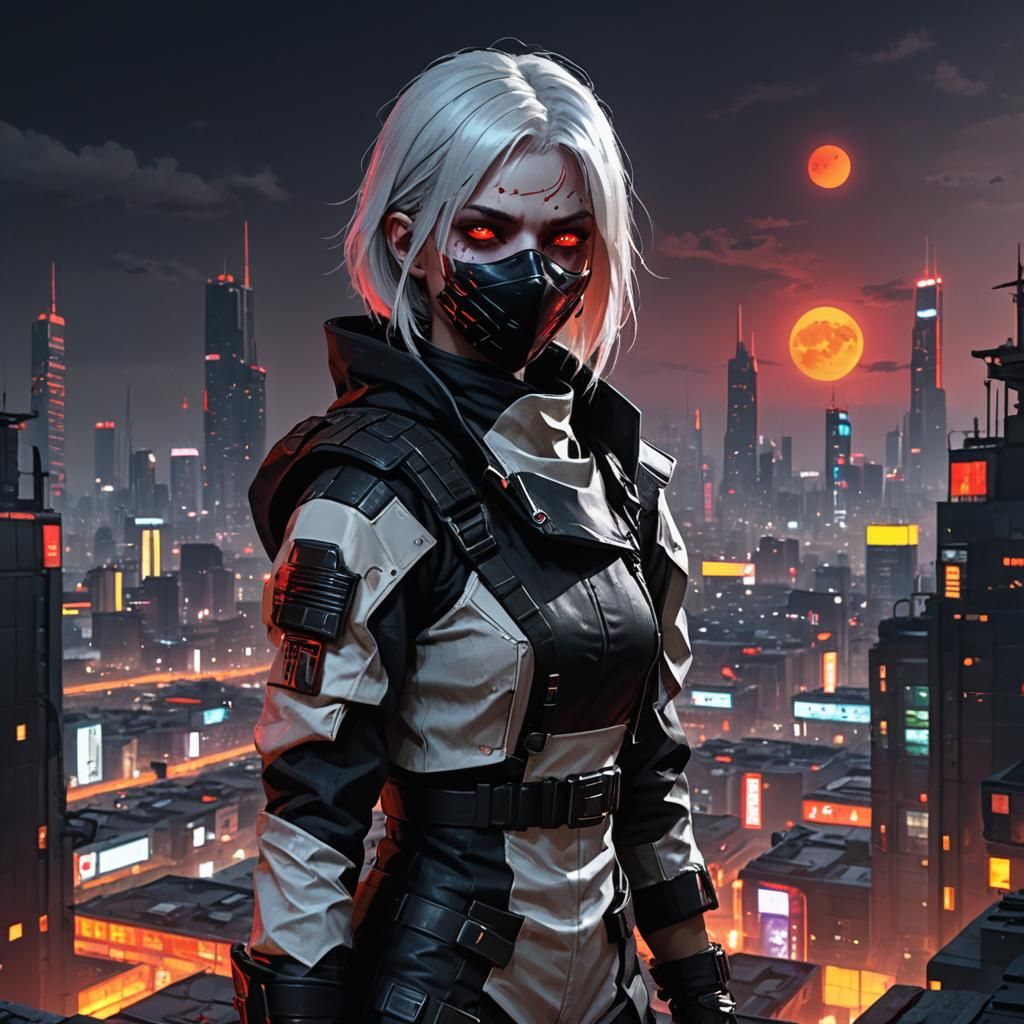 Cyberpunk Vampire Girl on Rooftop at Night