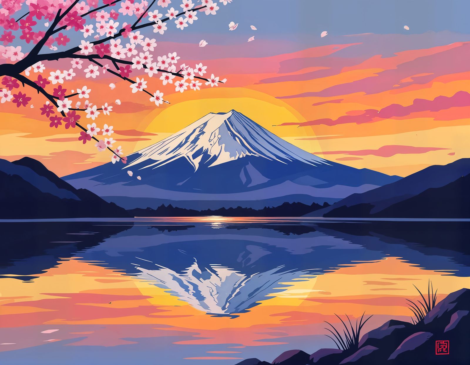 Mount Fuji Sunset: Classic Japanese Illustration