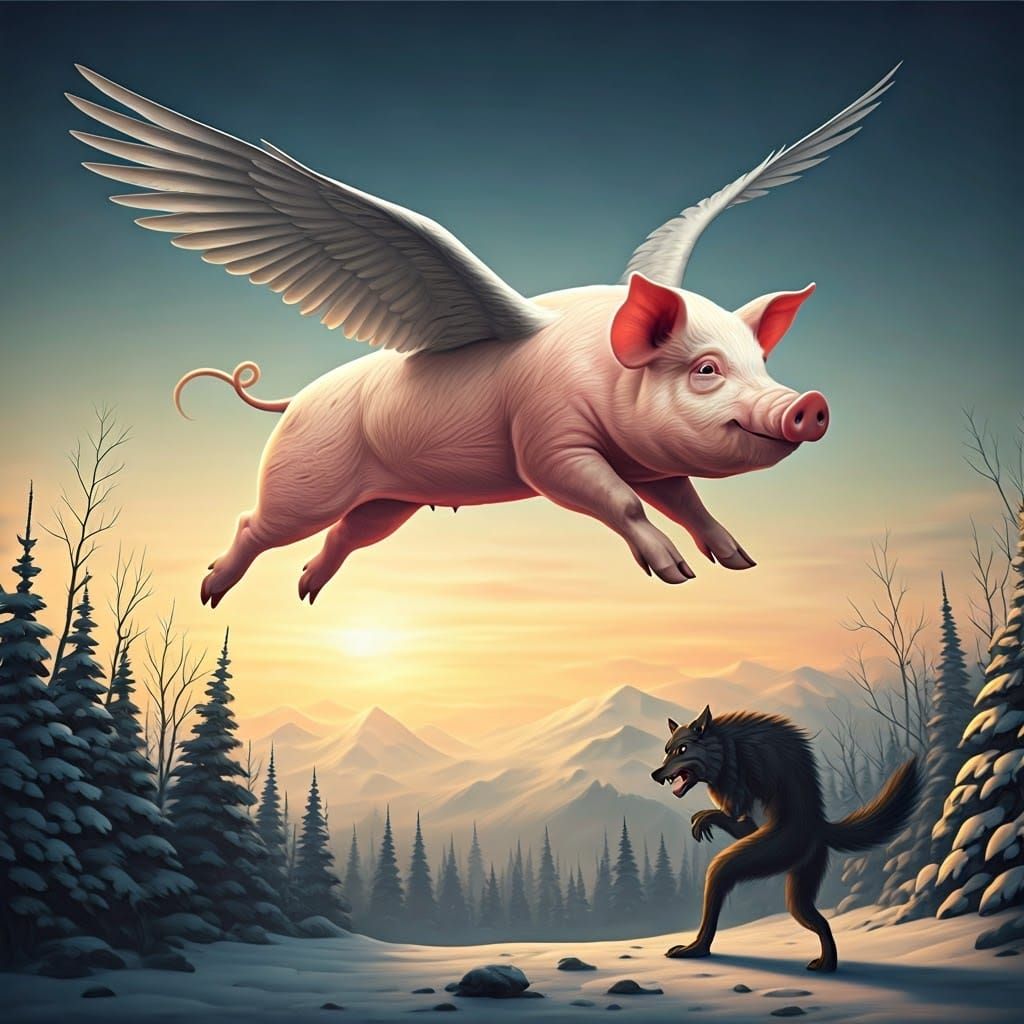 Realistic Pig in Flight Escapes Fierce Wolf