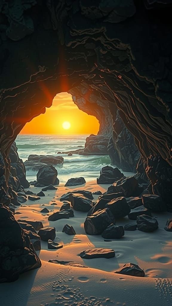Serene Coastal Cave Illuminated by Sunset Glow