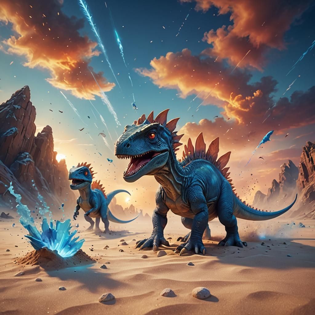 Dinosaurs Fight on Crystal Sand in Sci-Fi Art