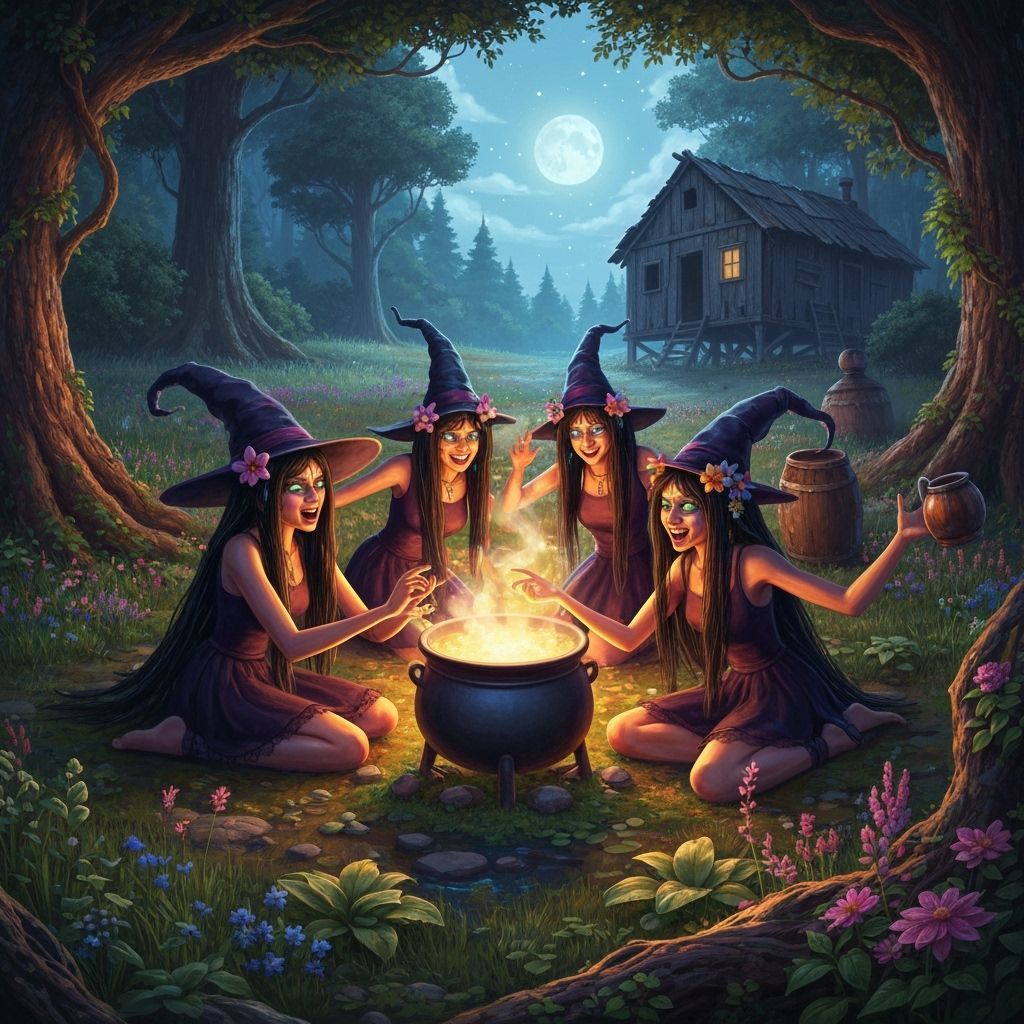 Whimsical Witches Dancing Around Cauldron in Forest Clearing