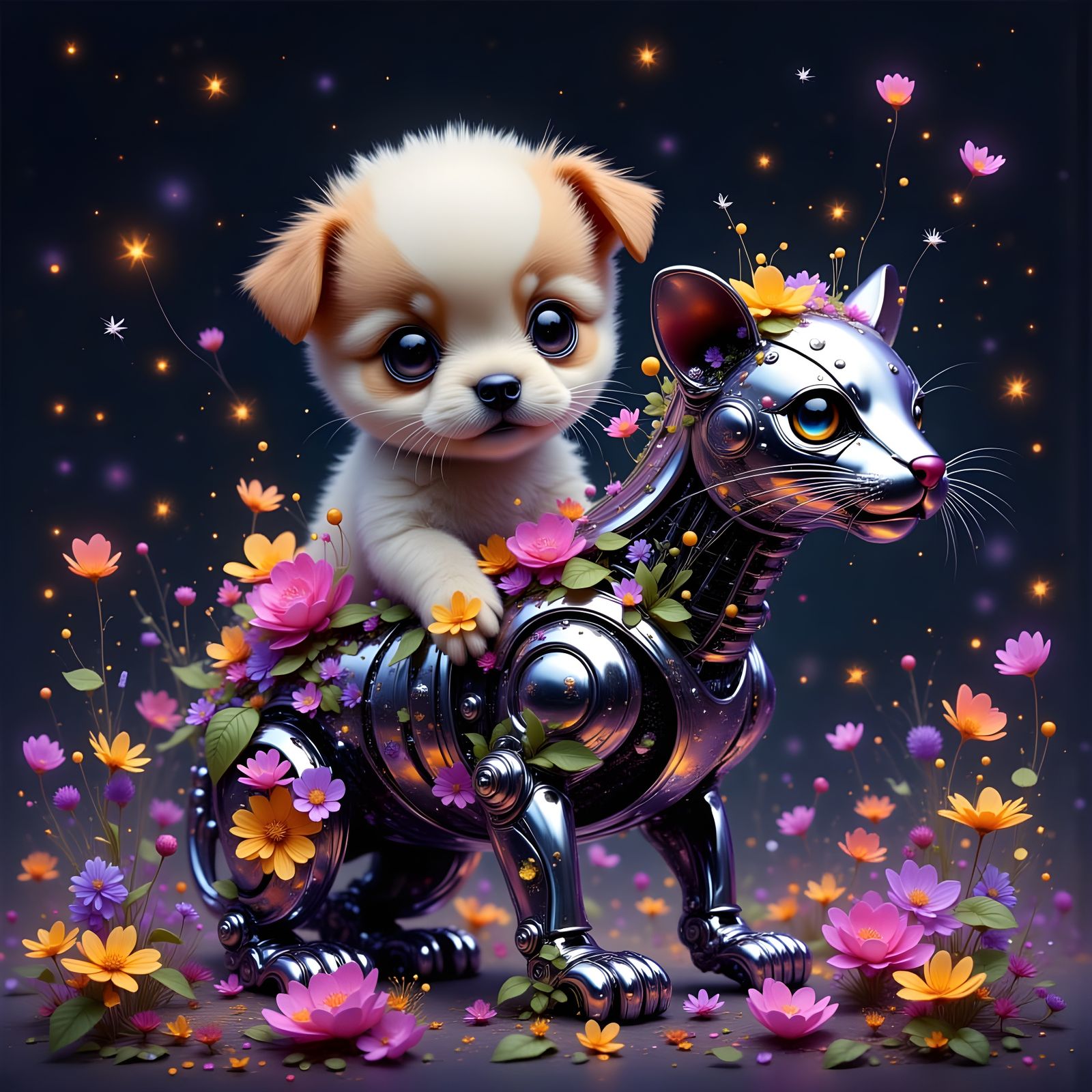 Adorable Puppy Rides a Flower-Covered Robot Panther