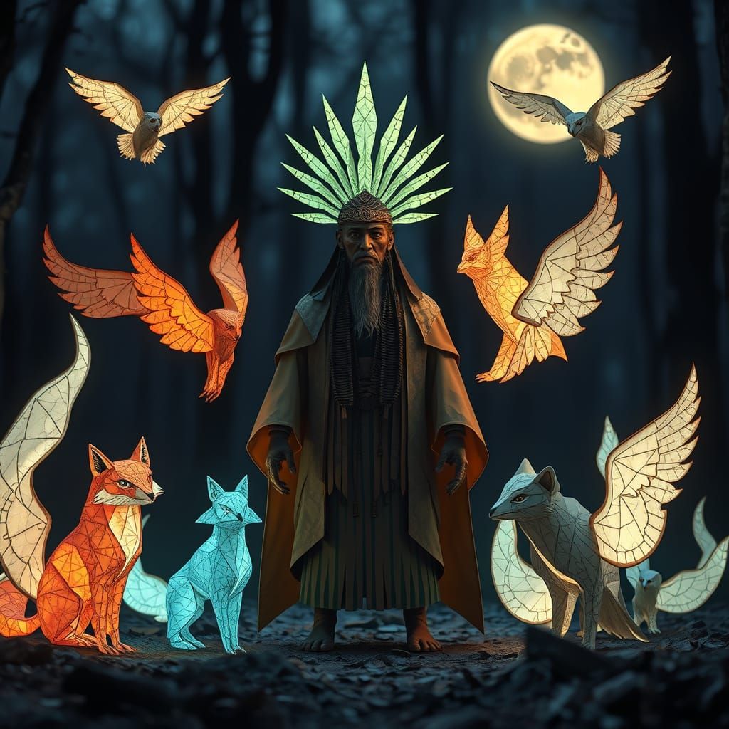 Origami Shaman Surrounded by Spirit Animals