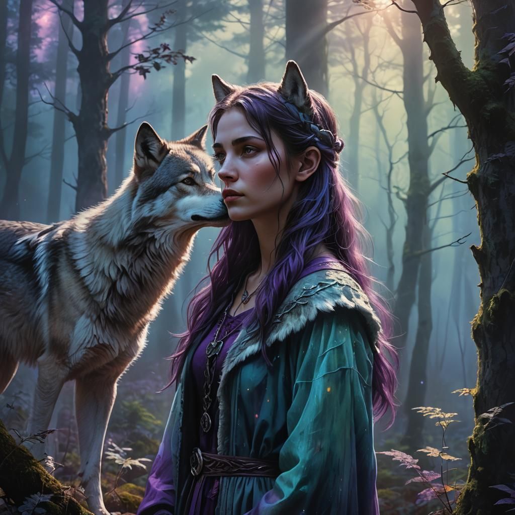 Girl with Wolf Features in Misty Forest