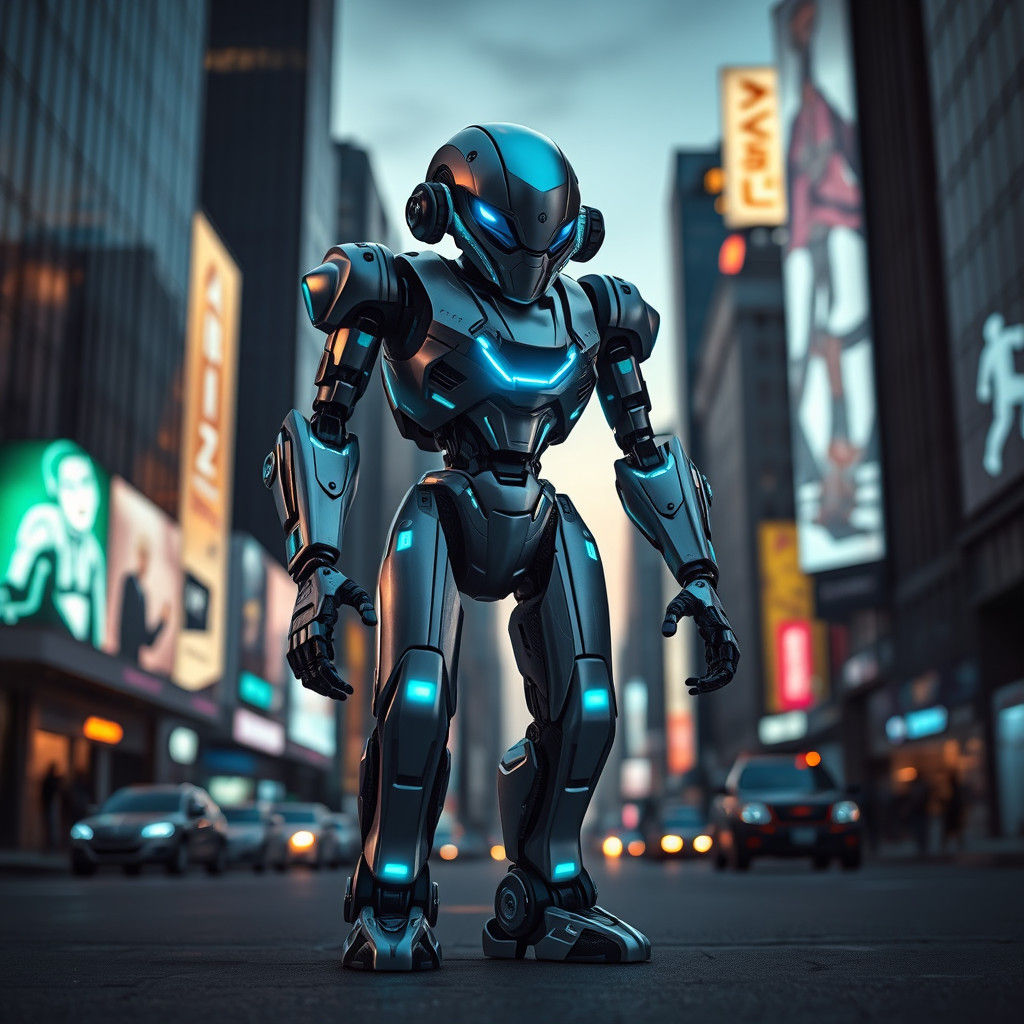 Futuristic Robot "Exterminator 3000" in Cyberpunk Cityscape