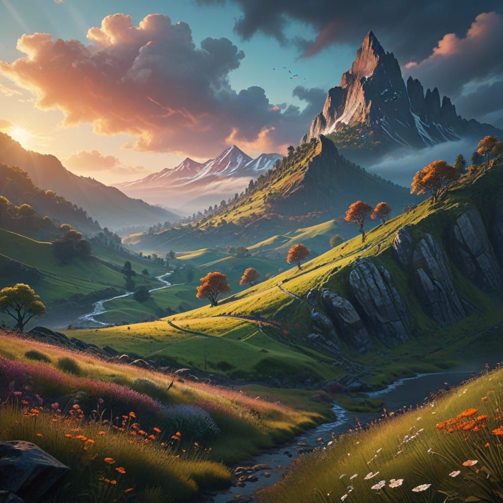 Dreamlike Landscape with Verdant Valleys and Rolling Hills