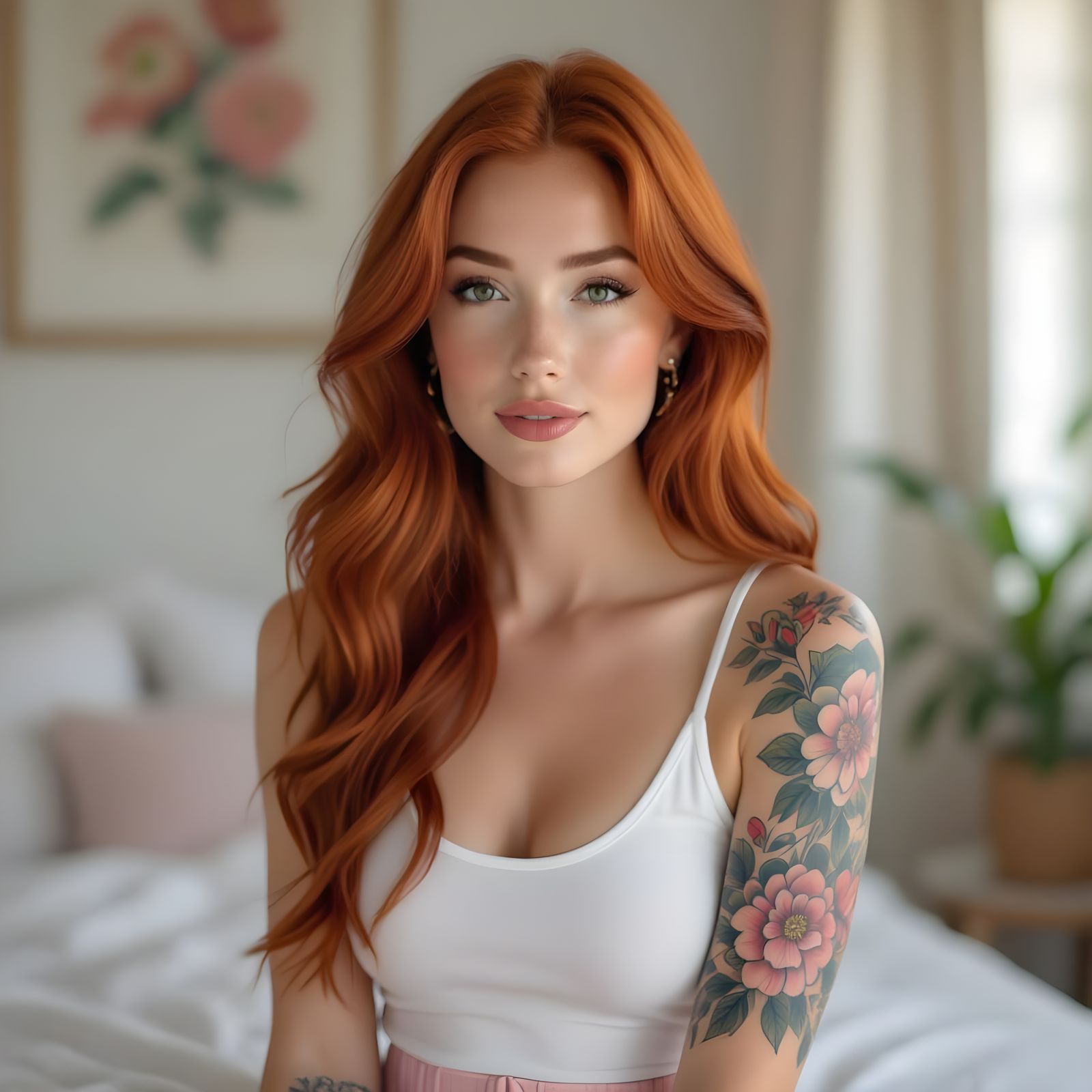 Confident Woman with Red Hair and Floral Tattoo