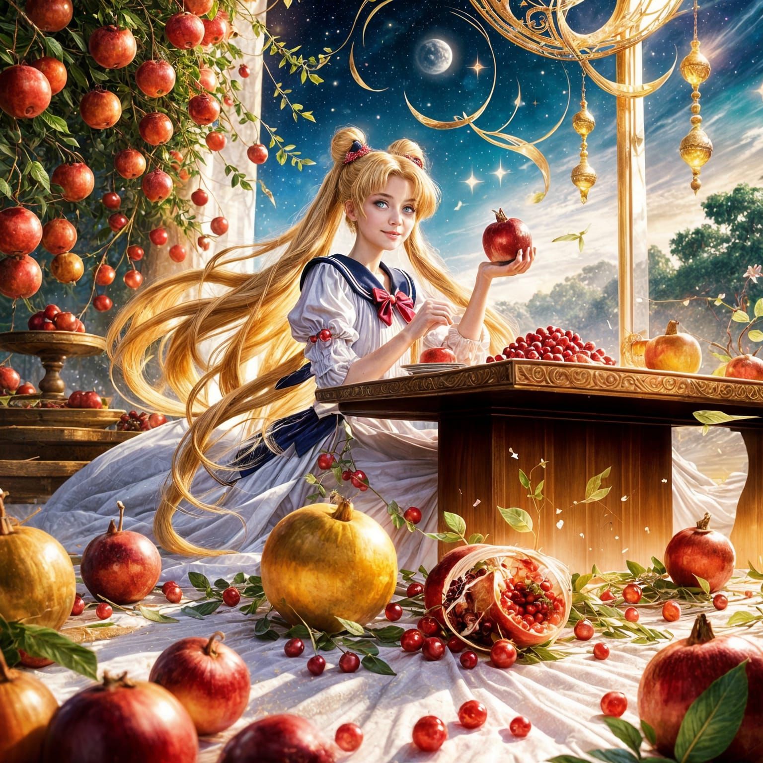 Sailor Moon Eating Pomegranates in Fantasy Style