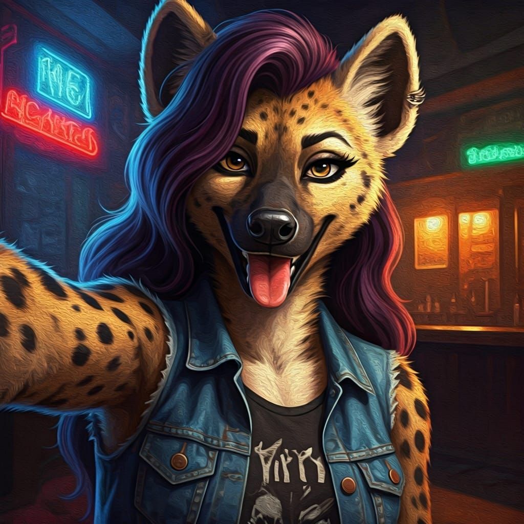 Hyena Dive Bar Selfie in Acrylic Impasto Style