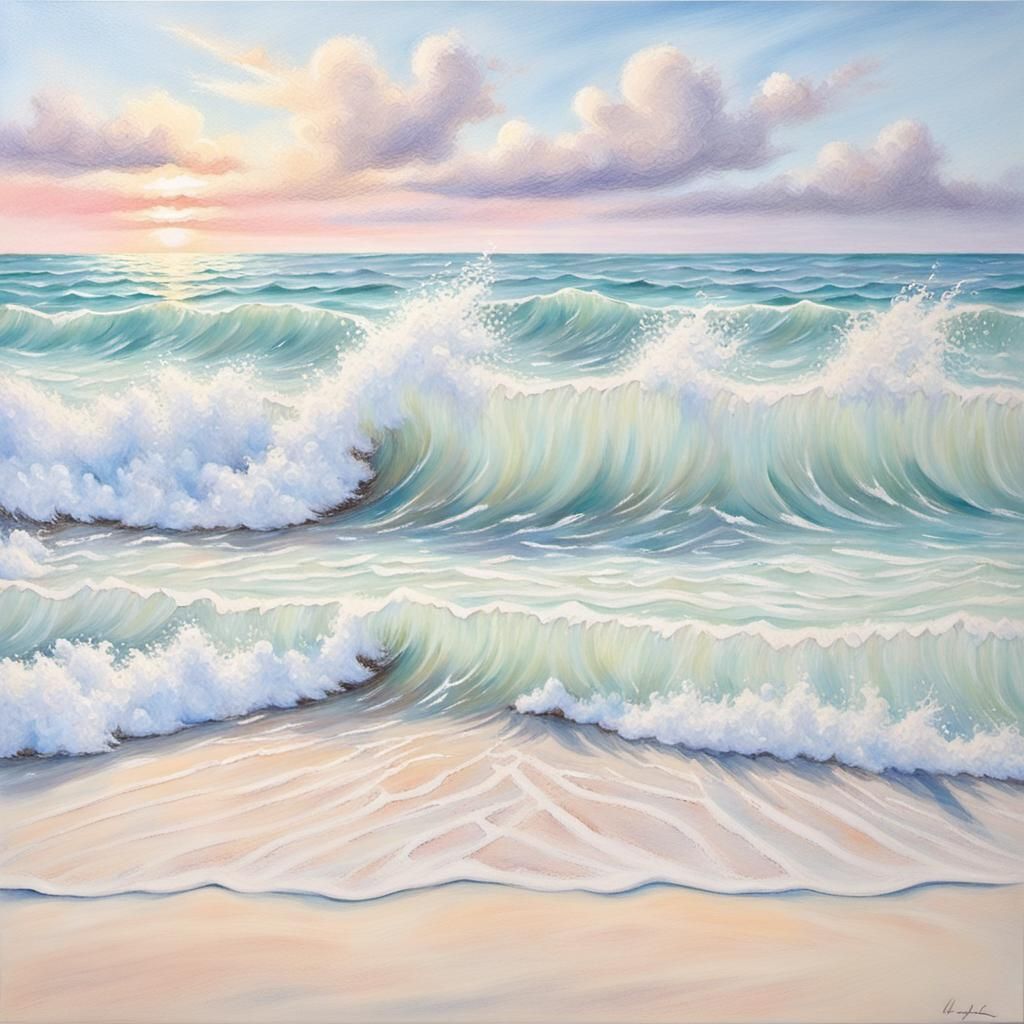 Pastel Beach Scene with Crashing Waves