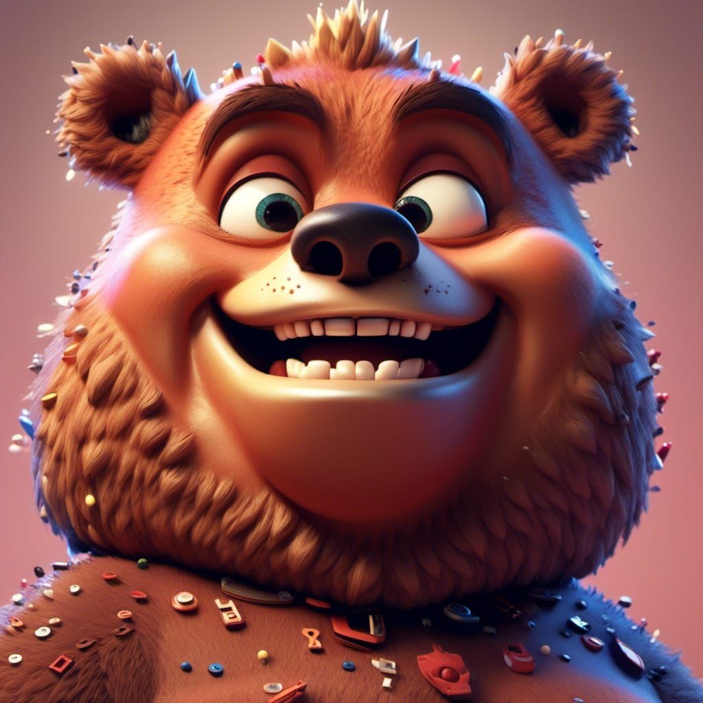 Cute Sharp-Toothed Bear Close-up: Pixar-style Animation