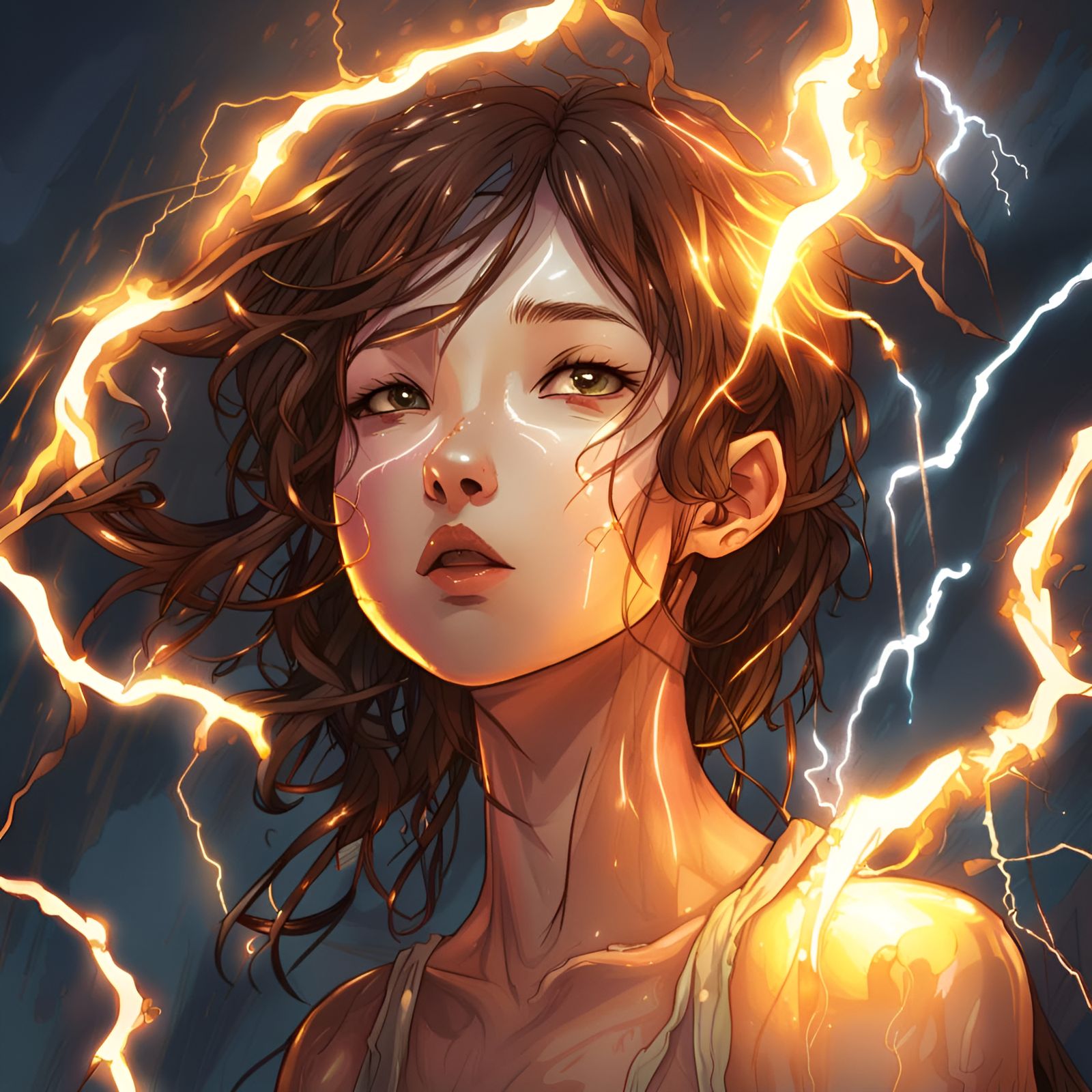 Electric Girl in Manhwa Style with Flowing Skin