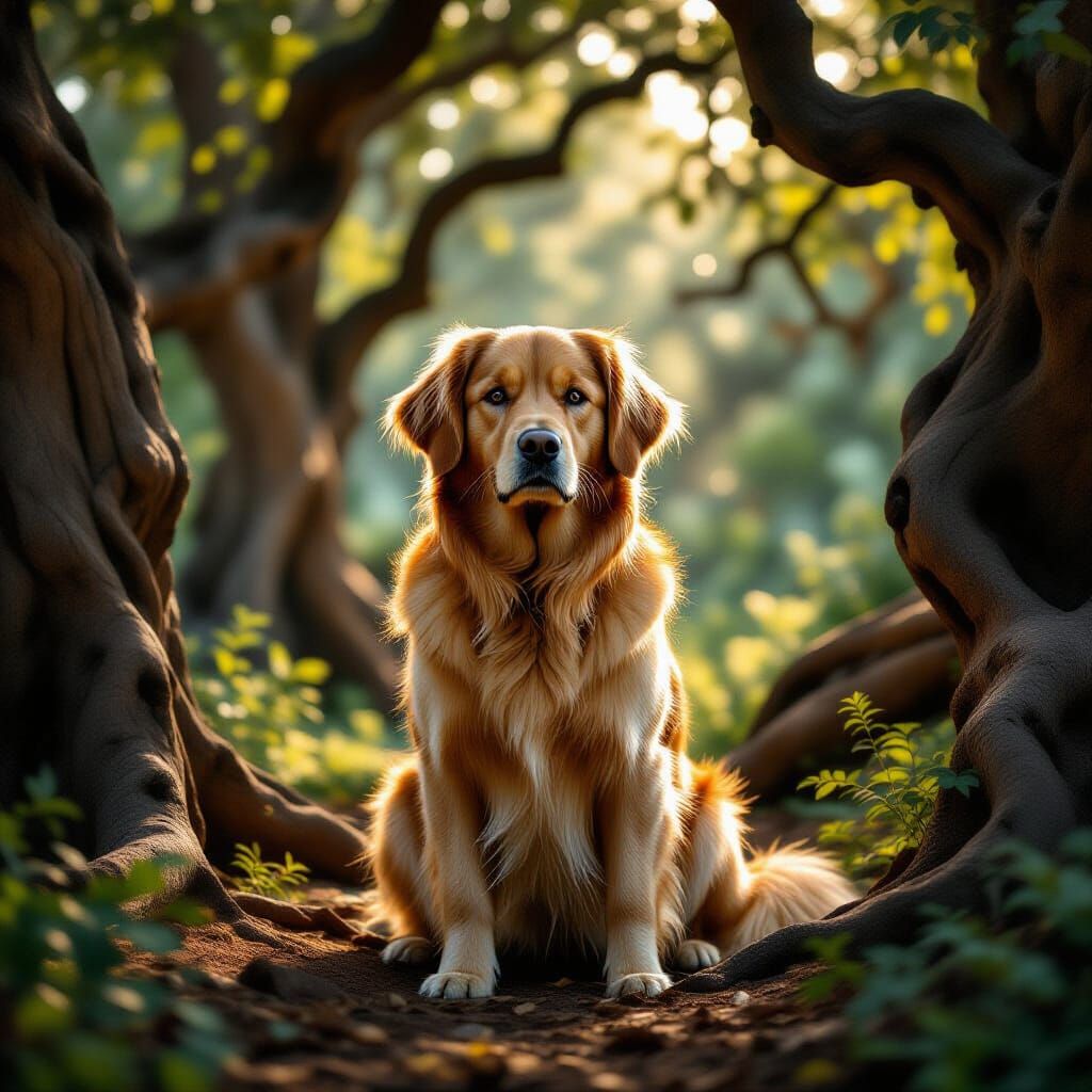 Majestic Golden Retriever in Ancient Forest