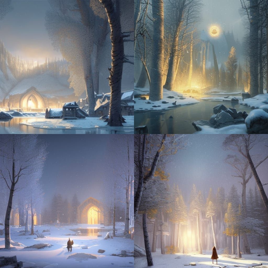 Elven Village Under Northern Lights, Fantasy Concept Art