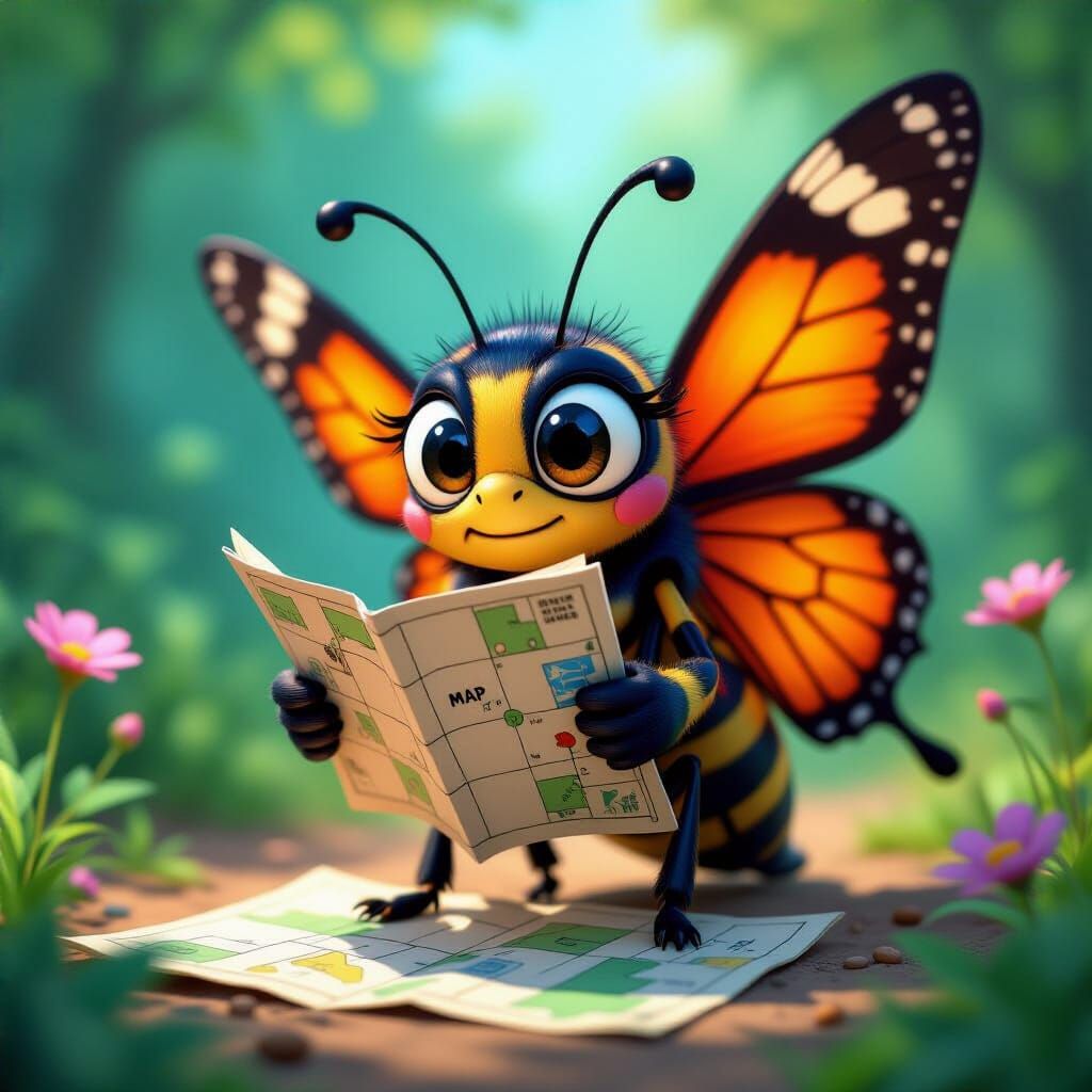 A confused anthropomorphic cartoon insect butterfly reading ...