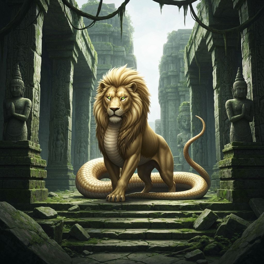 Lion Cobra Fusion in Ancient Temple, Anime Art