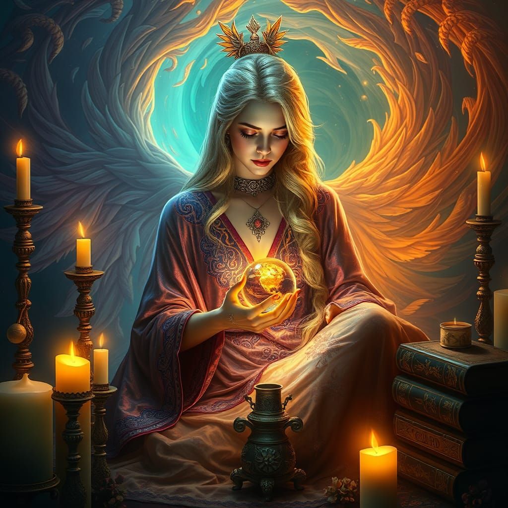 Mystical Phoenix Tarot Reader in Dreamlike Setting