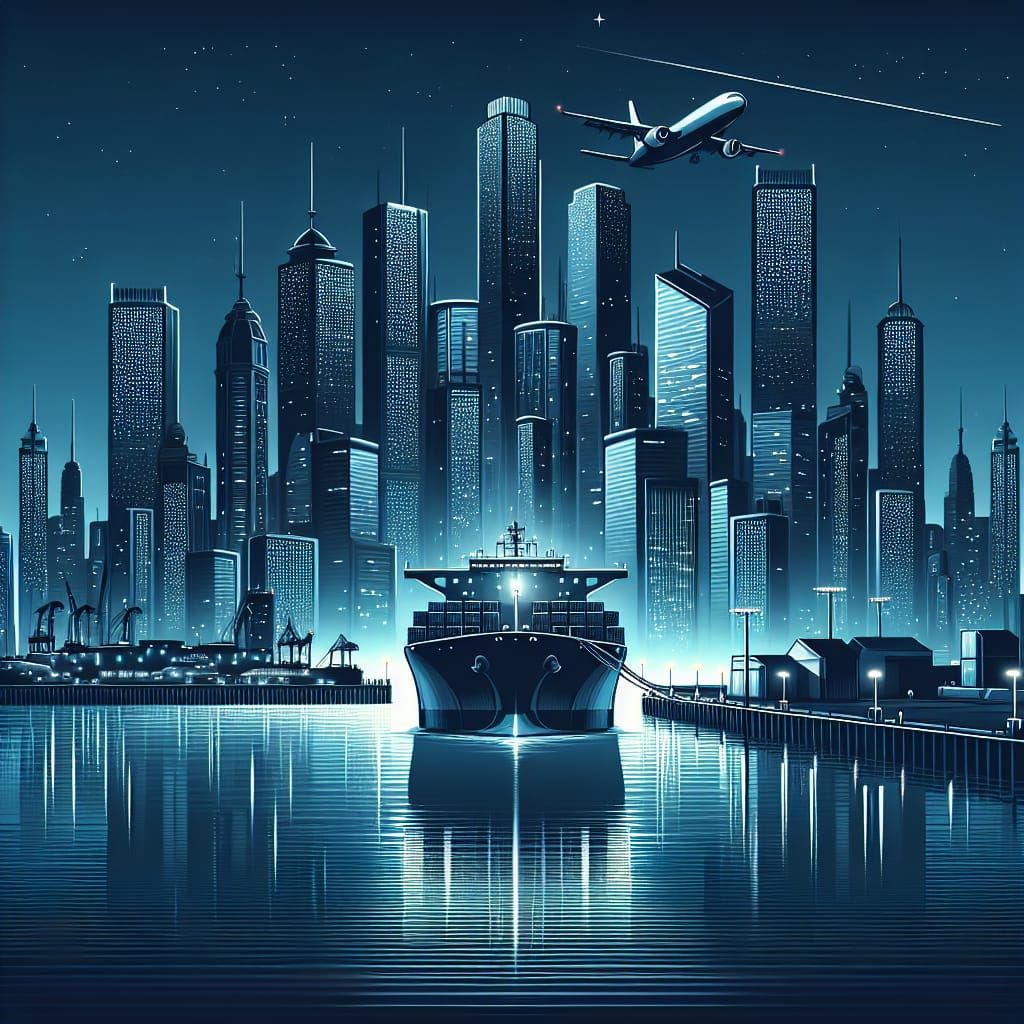 Futuristic Port City at Night in Vector Art