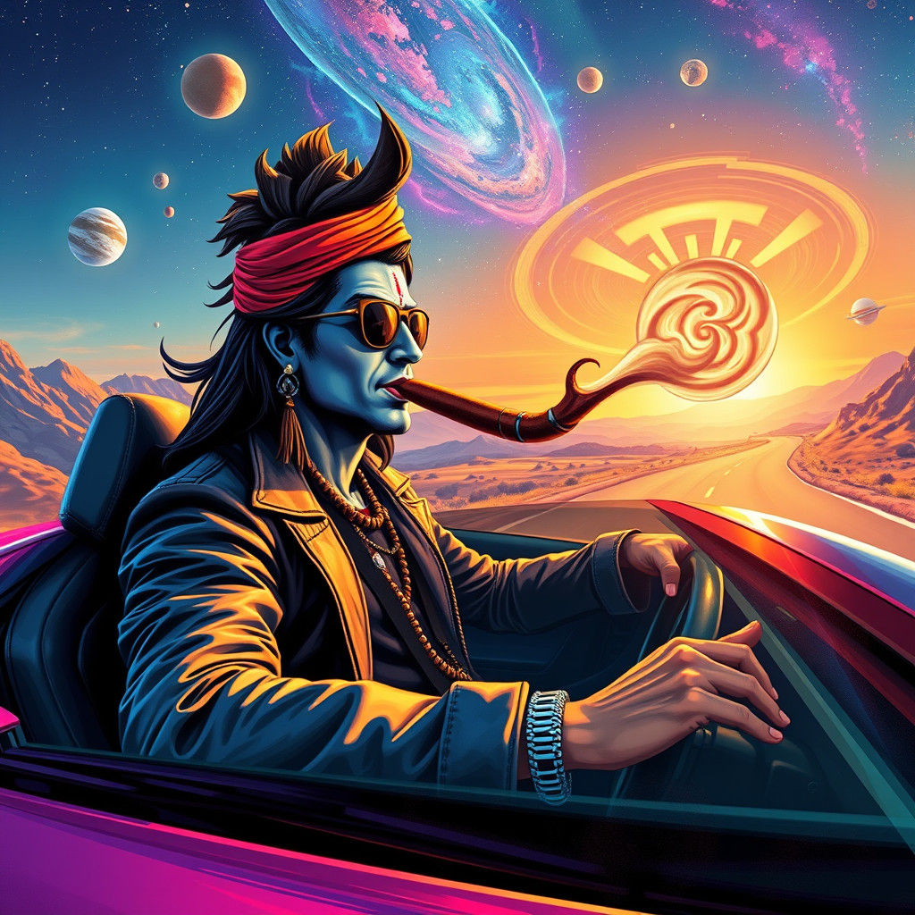 Shiva Drives a Neon Sports Car in Cosmic Landscape