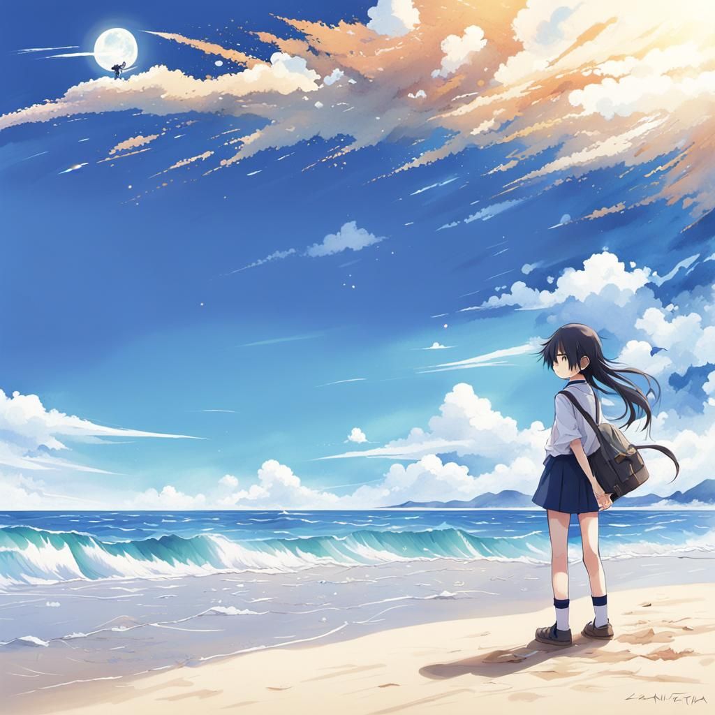 Visual Poem on Beach in Anime Key Visual Style