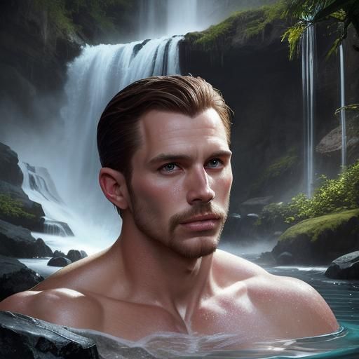 Shirtless Man Under Waterfall in Tom of Finland Style