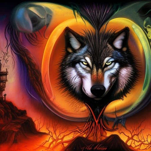 Glam Metal Album Cover with Wolf in Neon Colors