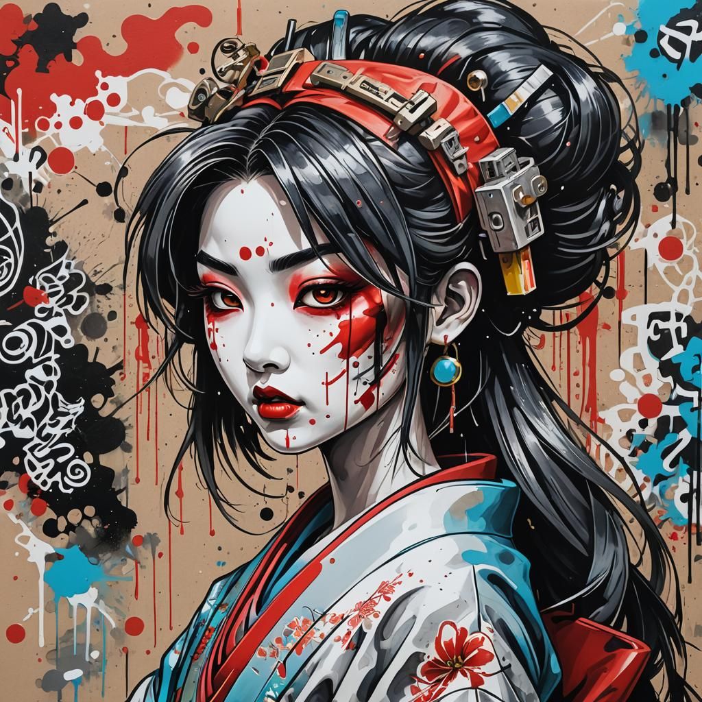 Angry Geisha Robot Graffiti Art in Anime Style