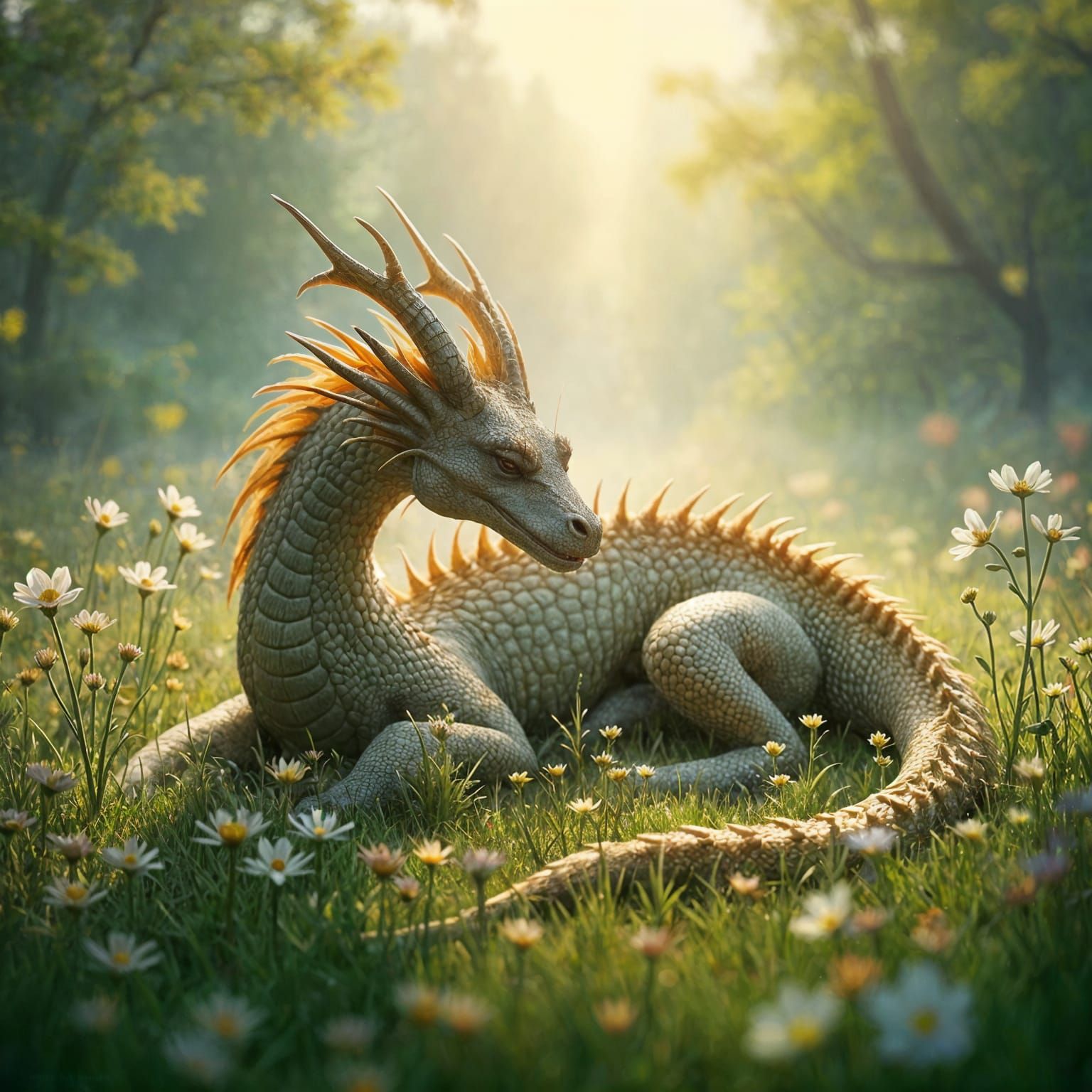 Dragon Nap in Flower Meadow: Ethereal Fantasy Art