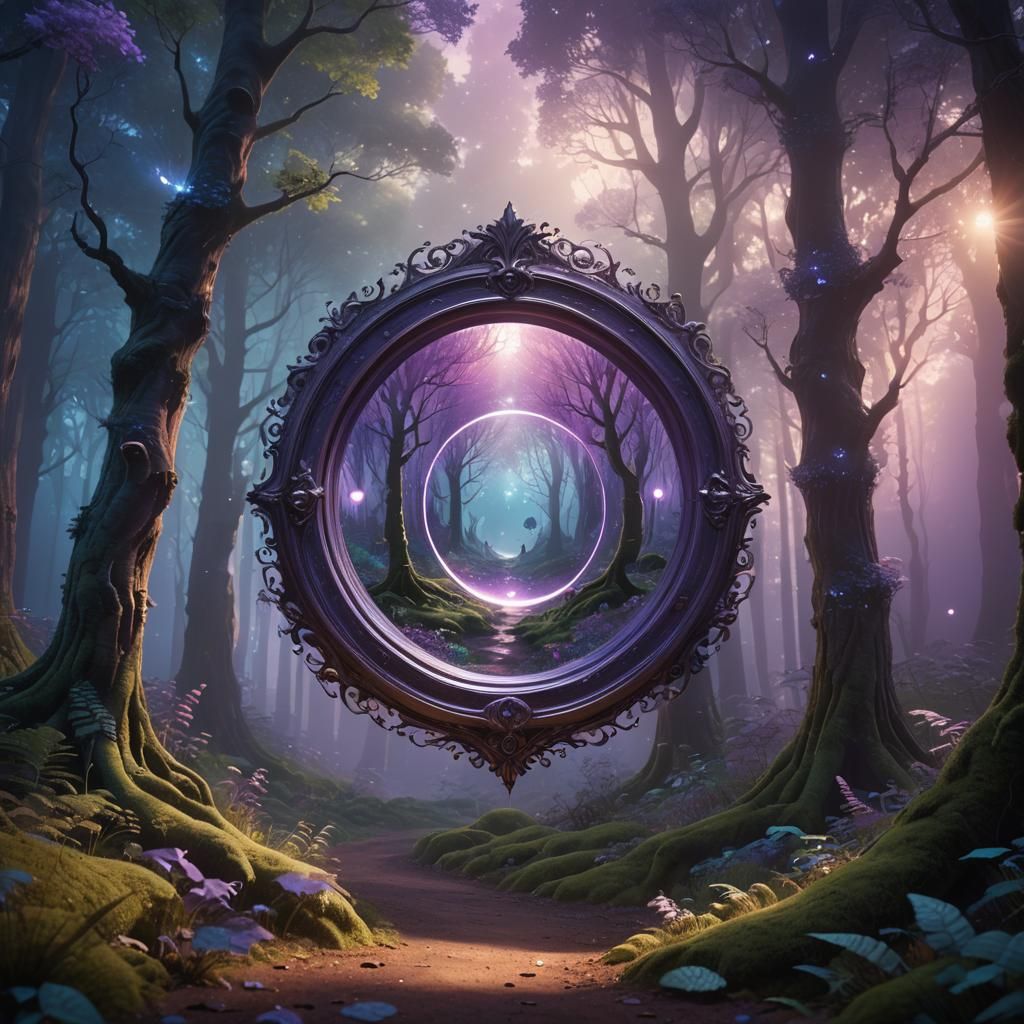 Magical Portal Mirror in Misty Forest: 3D Digital Art