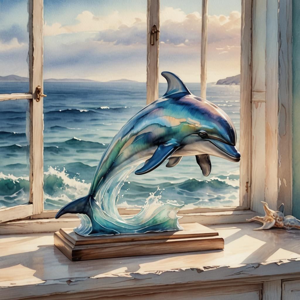 Watercolor Dolphin Sculpture Overlooking the Ocean