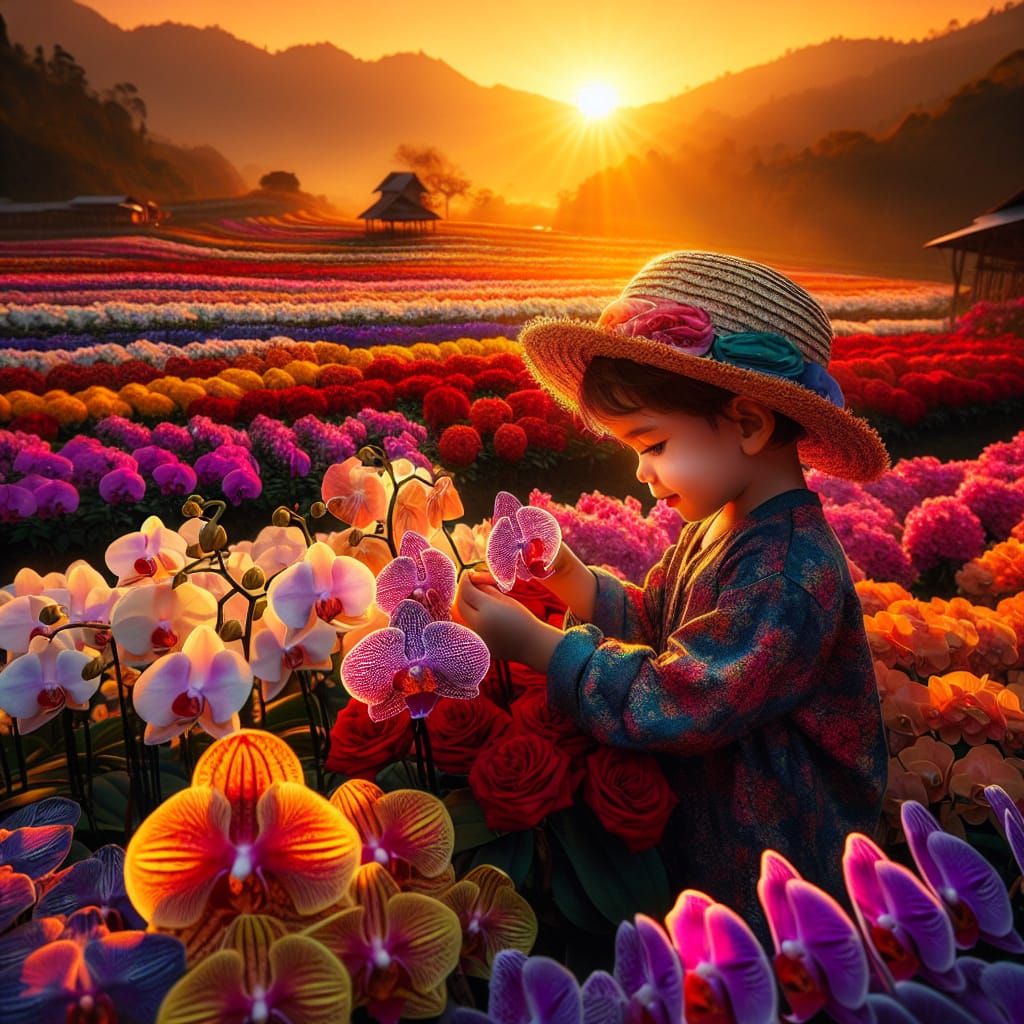 Boy Picks Flowers in Sunset Flower Field